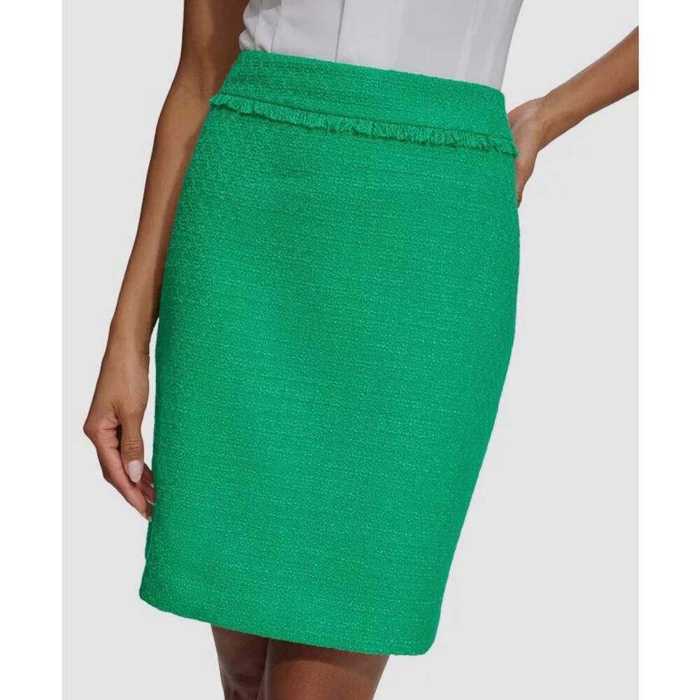 Karl Lagerfeld Pencil Skirt Tweed Fringe Women’s Size 4 Green Stretch Designer